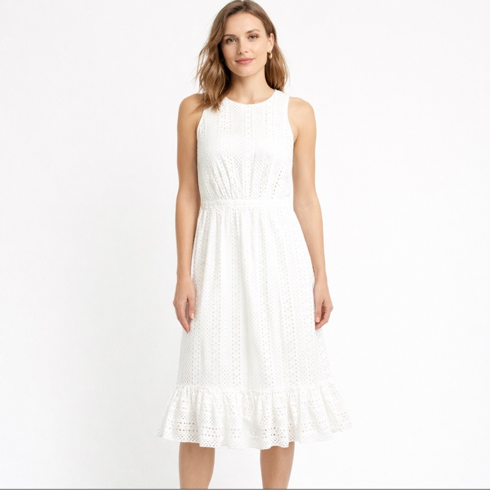 J.Crew Sleeveless Eyelet Midi Dress White Ruffle Size 6 Elastic Waist Cotton